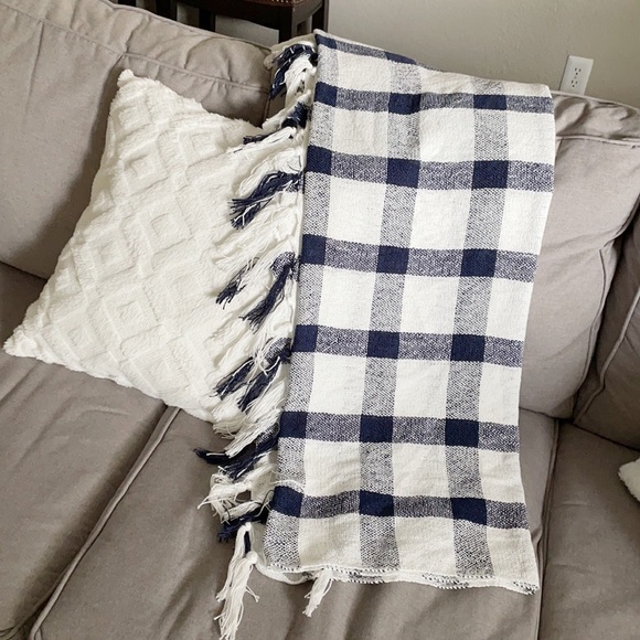 Pottery Barn Bedding Pottery Barn Navy Blue Fringe Throw Blanket 5